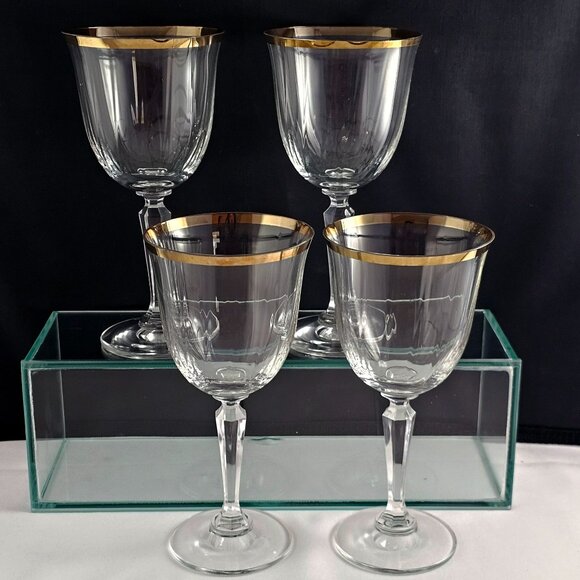 Crown Crystal Cape Cod Gold Rim Goblets 7.5" optic 24% leaded glasses 1970s 4pc - Picture 3 of 9